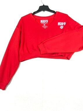 KISS I Was Made For Lovin' You Graphic Sweatshirt Women's XL Red Cropped V-Neck